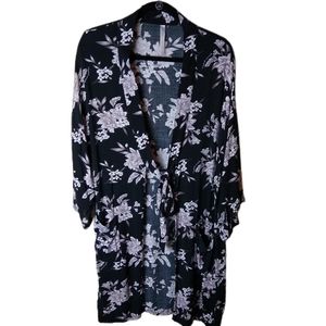 Spiritual Gangster Duster Kimono Dark Floral Black White One Size EUC